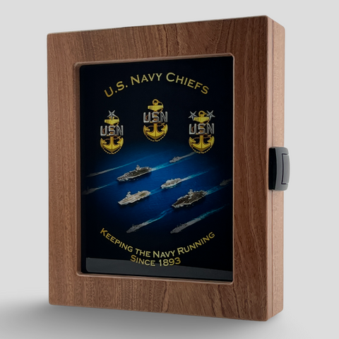 U.S. Navy Chiefs emblem display with wooden frame on a gray background