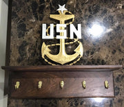 This shelf is 2ft by 8in wide and the anchor is 18 inches tall.